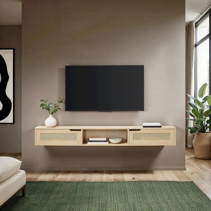 Meuble TV mural 70 pouces avec portes en faux rotin