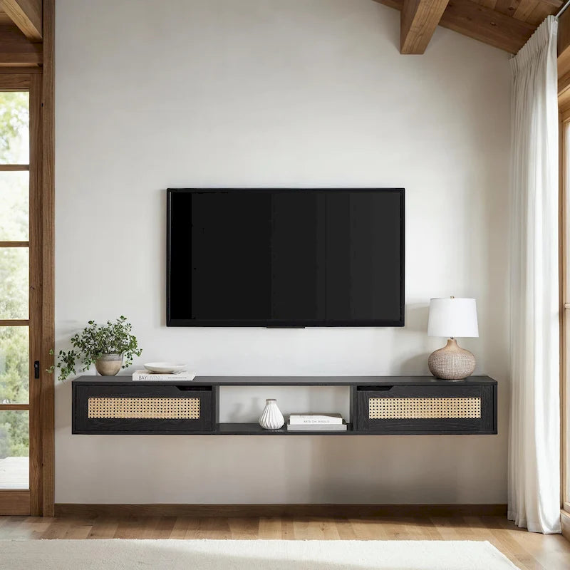 Meuble TV mural 70 pouces avec portes en faux rotin