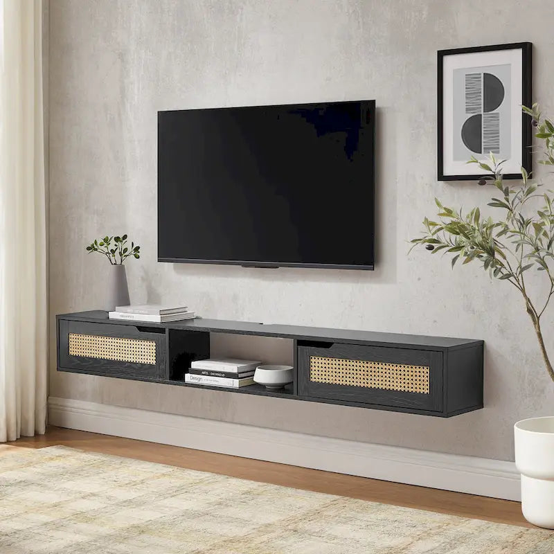 Meuble TV mural 70 pouces avec portes en faux rotin