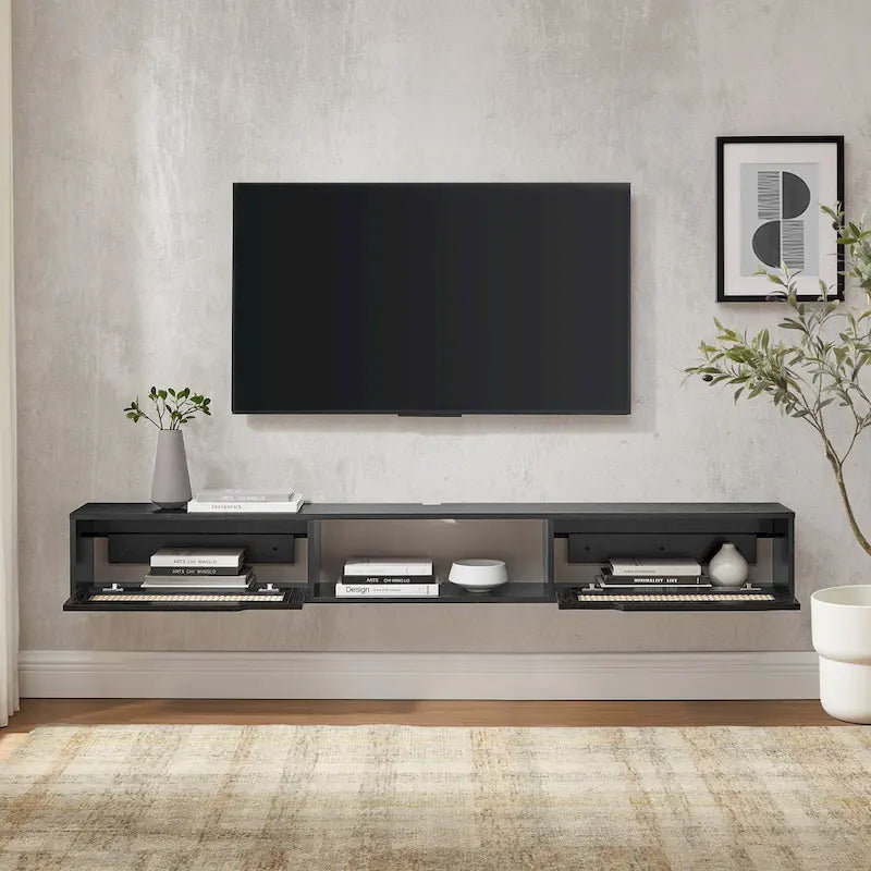 Meuble TV mural 70 pouces avec portes en faux rotin