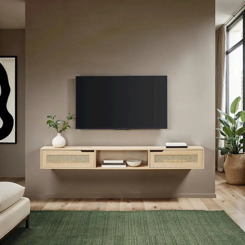 Meuble TV mural 70 pouces avec portes en faux rotin