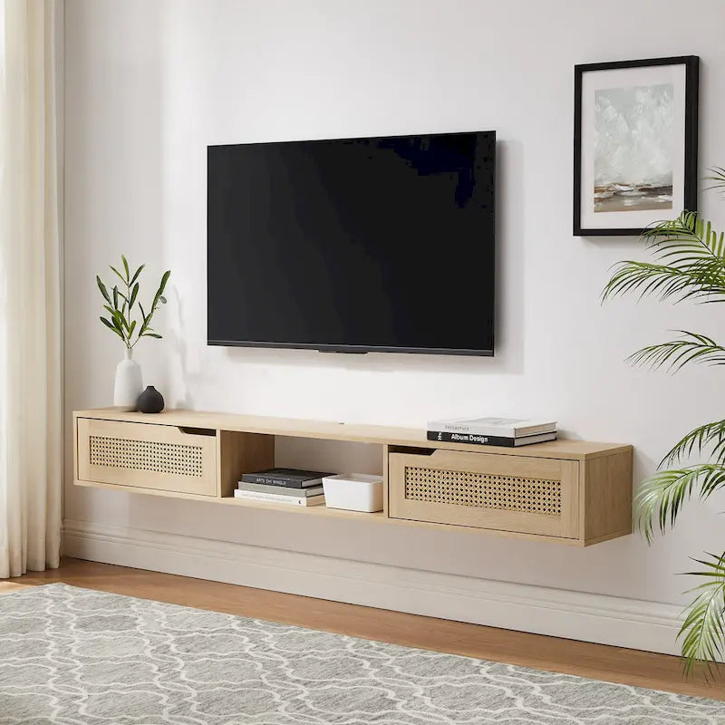 Meuble TV mural 70 pouces avec portes en faux rotin