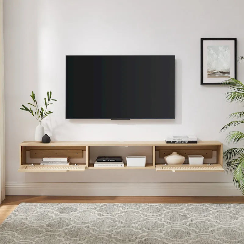Meuble TV mural 70 pouces avec portes en faux rotin