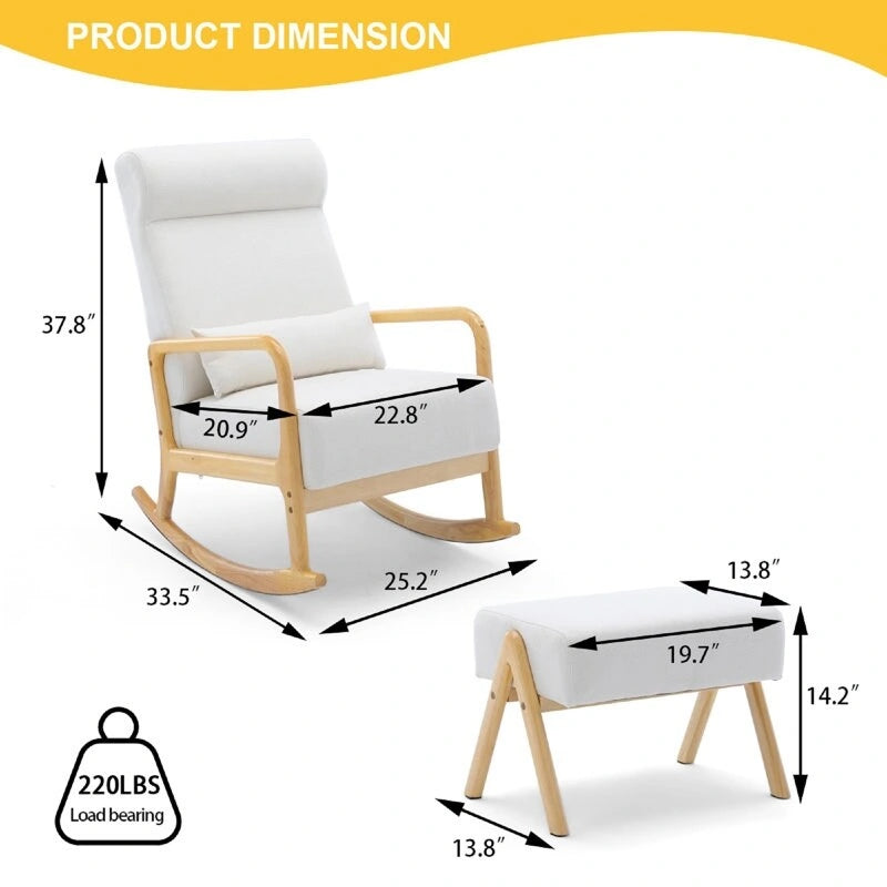 Fauteuil à bascule inclinable de 25,2 po avec repose-pieds - Fauteuil à bascule à dossier haut, tissu en lin doux, design ergonomique