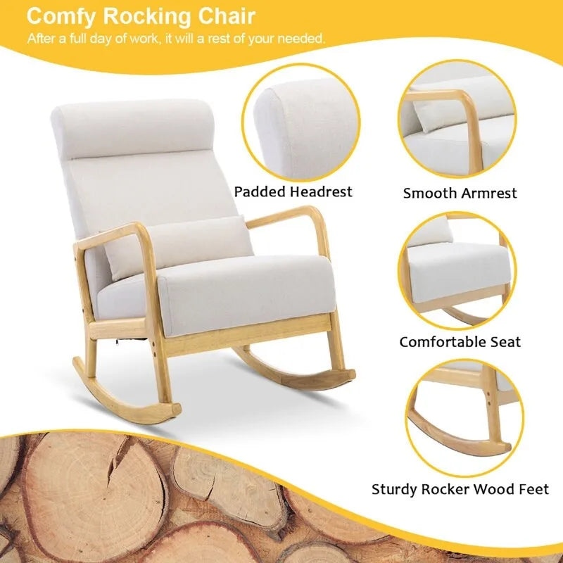 Fauteuil à bascule inclinable de 25,2 po avec repose-pieds - Fauteuil à bascule à dossier haut, tissu en lin doux, design ergonomique