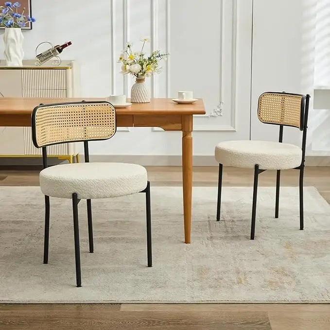 Chaises de salle à manger style Mid-Century Modern, chaise d'appoint en métal avec revêtement en bouclé et dossier en rotin, lot de 2 - lot de 2