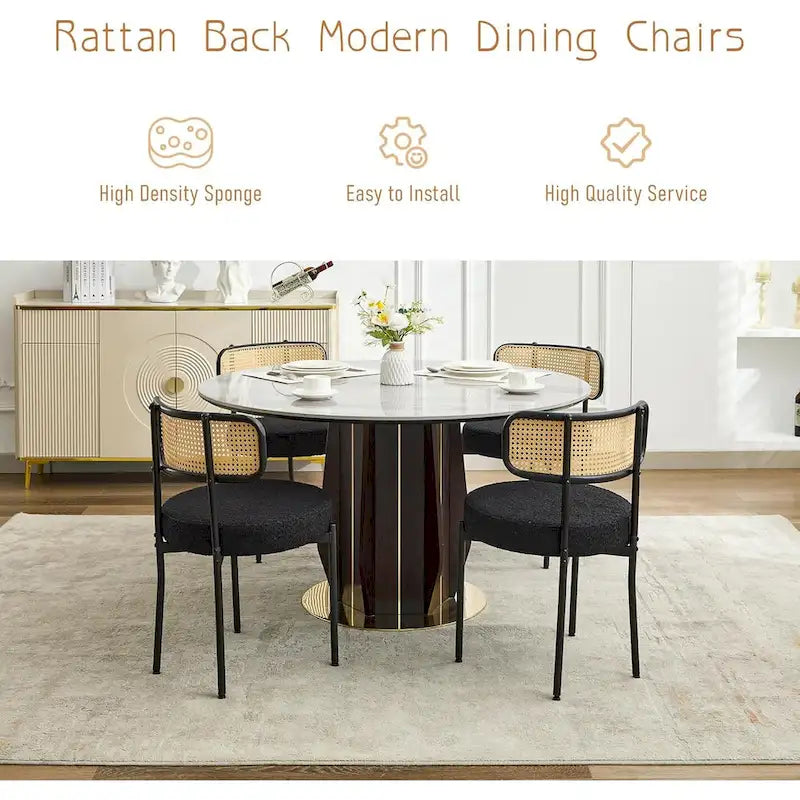Chaises de salle à manger style Mid-Century Modern, chaise d'appoint en métal avec revêtement en bouclé et dossier en rotin, lot de 2 - lot de 2