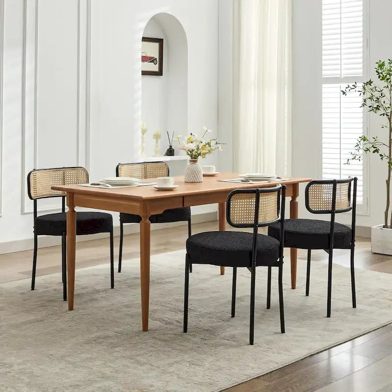 Chaises de salle à manger style Mid-Century Modern, chaise d'appoint en métal avec revêtement en bouclé et dossier en rotin, lot de 2 - lot de 2
