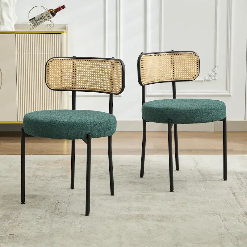 Chaises de salle à manger style Mid-Century Modern, chaise d'appoint en métal avec revêtement en bouclé et dossier en rotin, lot de 2 - lot de 2