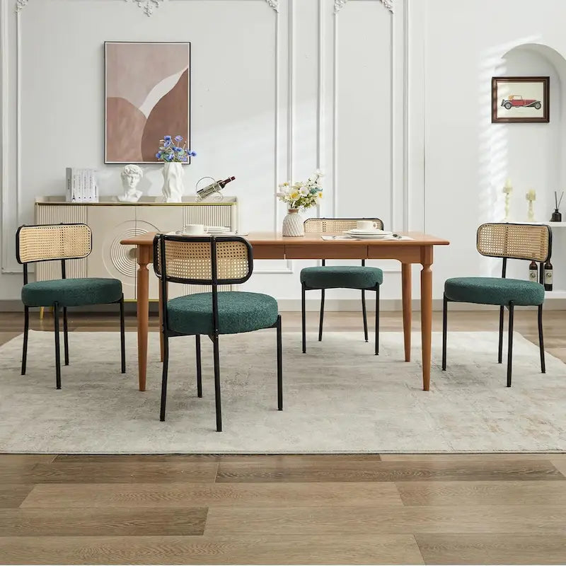 Chaises de salle à manger style Mid-Century Modern, chaise d'appoint en métal avec revêtement en bouclé et dossier en rotin, lot de 2 - lot de 2