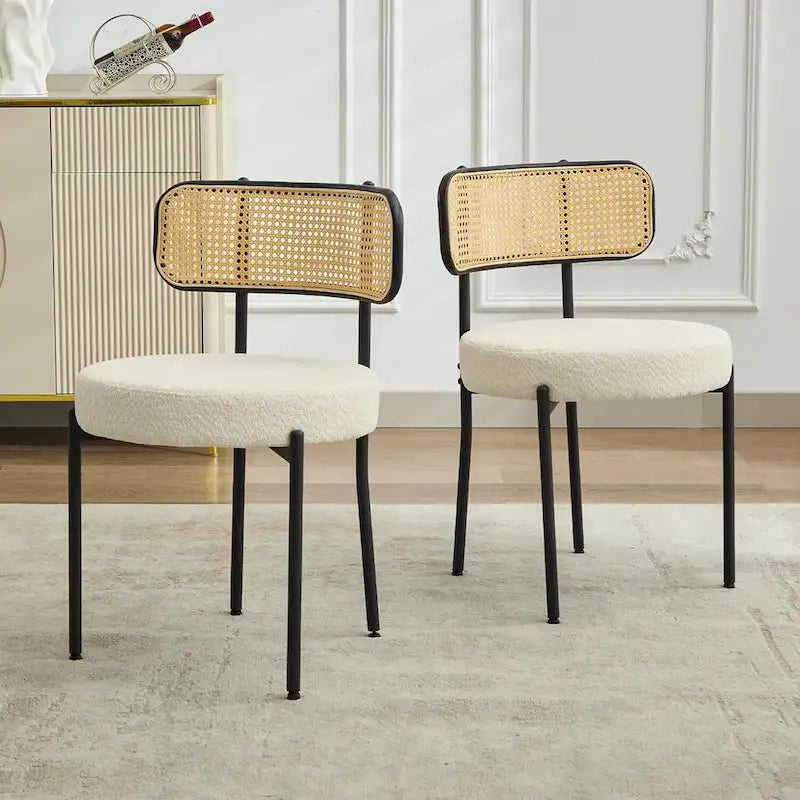 Chaises de salle à manger style Mid-Century Modern, chaise d'appoint en métal avec revêtement en bouclé et dossier en rotin, lot de 2 - lot de 2