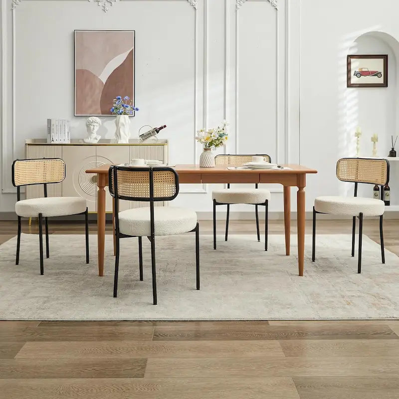 Chaises de salle à manger style Mid-Century Modern, chaise d'appoint en métal avec revêtement en bouclé et dossier en rotin, lot de 2 - lot de 2