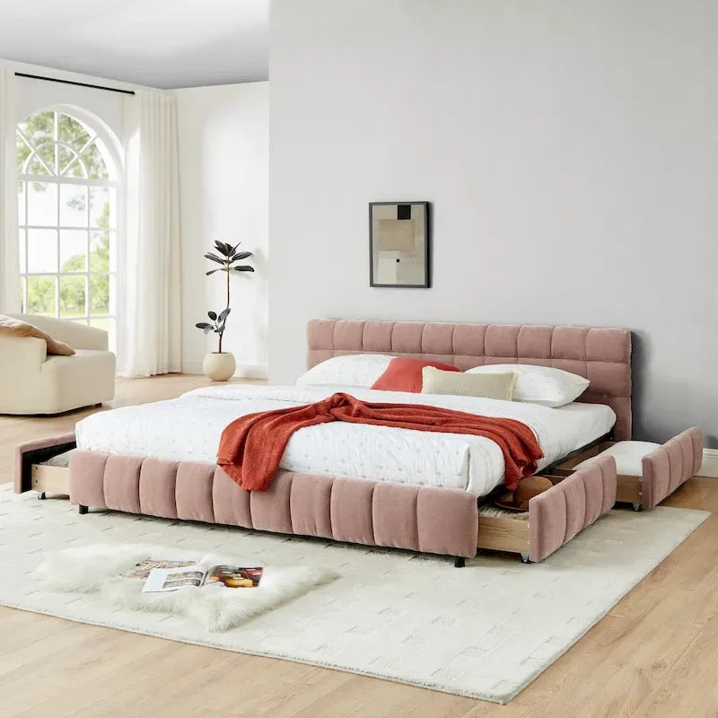 Lit plateforme capitonné King Size en chenille, cadre de lit avec tête de lit capitonnée à motif treillis et 4 tiroirs de rangement pour chambre à coucher