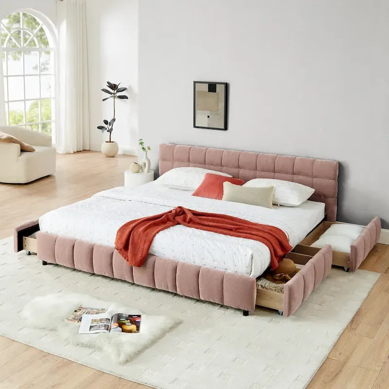Lit plateforme capitonné King Size en chenille, cadre de lit avec tête de lit capitonnée à motif treillis et 4 tiroirs de rangement pour chambre à coucher