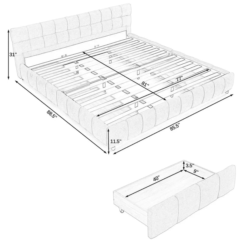 Lit plateforme capitonné King Size en chenille, cadre de lit avec tête de lit capitonnée à motif treillis et 4 tiroirs de rangement pour chambre à coucher