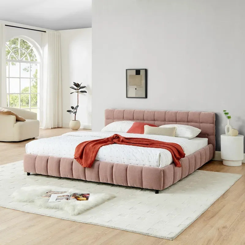Lit plateforme capitonné King Size en chenille, cadre de lit avec tête de lit capitonnée à motif treillis et 4 tiroirs de rangement pour chambre à coucher