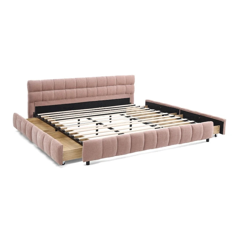 Lit plateforme capitonné King Size en chenille, cadre de lit avec tête de lit capitonnée à motif treillis et 4 tiroirs de rangement pour chambre à coucher