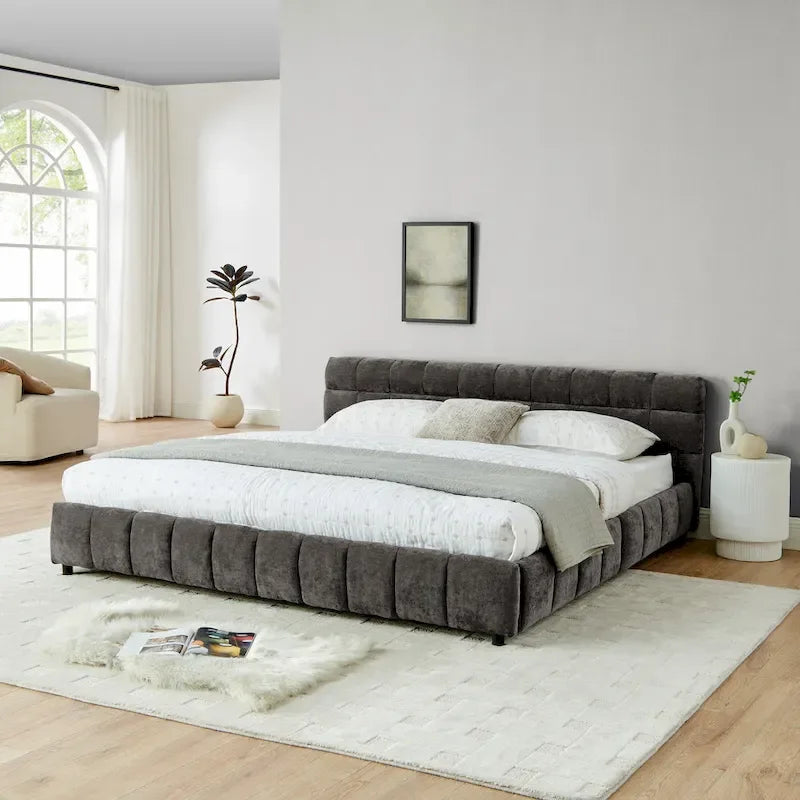 Lit plateforme capitonné King Size en chenille, cadre de lit avec tête de lit capitonnée à motif treillis et 4 tiroirs de rangement pour chambre à coucher