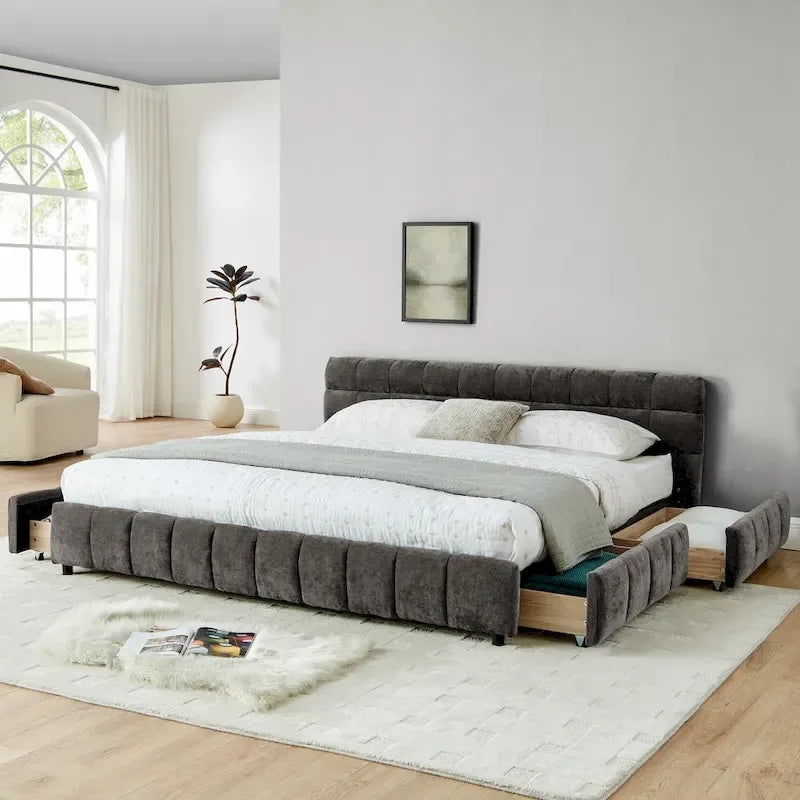 Lit plateforme capitonné King Size en chenille, cadre de lit avec tête de lit capitonnée à motif treillis et 4 tiroirs de rangement pour chambre à coucher
