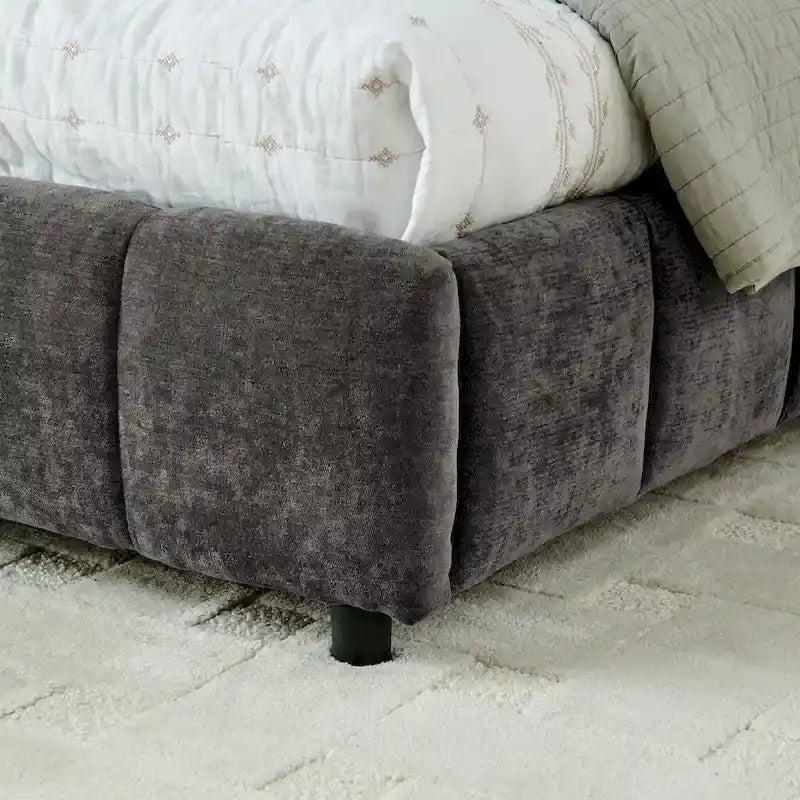 Lit plateforme capitonné King Size en chenille, cadre de lit avec tête de lit capitonnée à motif treillis et 4 tiroirs de rangement pour chambre à coucher