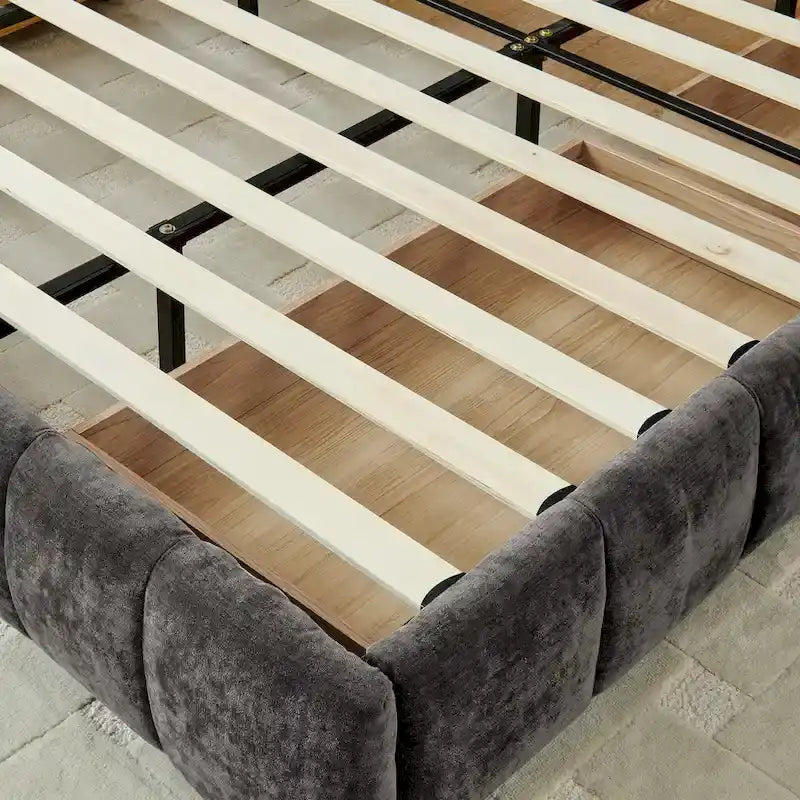 Lit plateforme capitonné King Size en chenille, cadre de lit avec tête de lit capitonnée à motif treillis et 4 tiroirs de rangement pour chambre à coucher