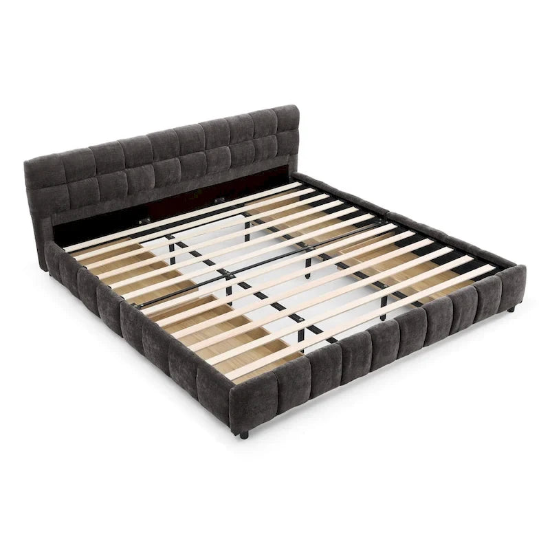 Lit plateforme capitonné King Size en chenille, cadre de lit avec tête de lit capitonnée à motif treillis et 4 tiroirs de rangement pour chambre à coucher