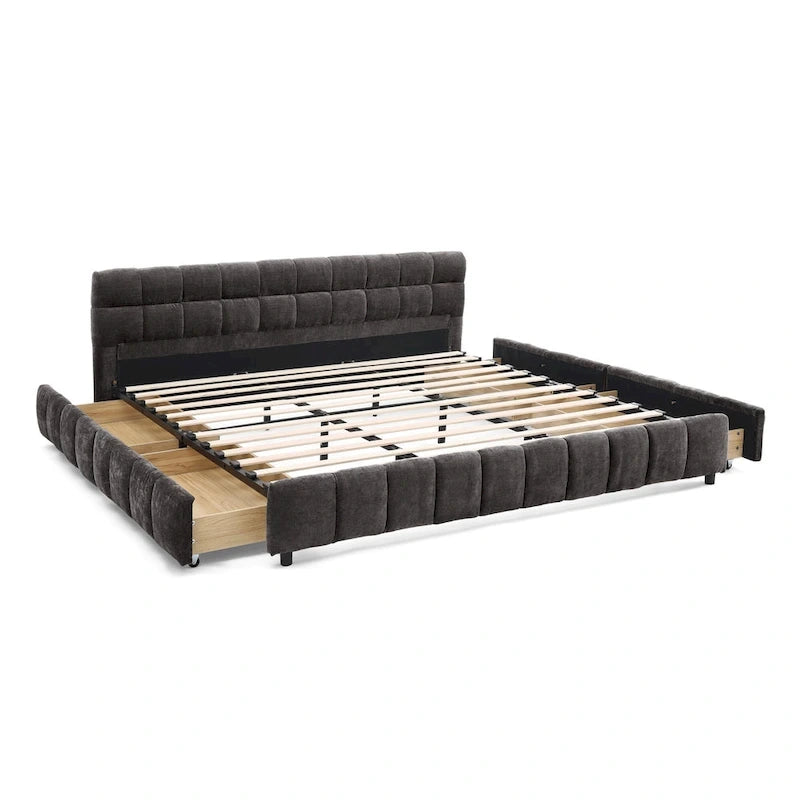 Lit plateforme capitonné King Size en chenille, cadre de lit avec tête de lit capitonnée à motif treillis et 4 tiroirs de rangement pour chambre à coucher