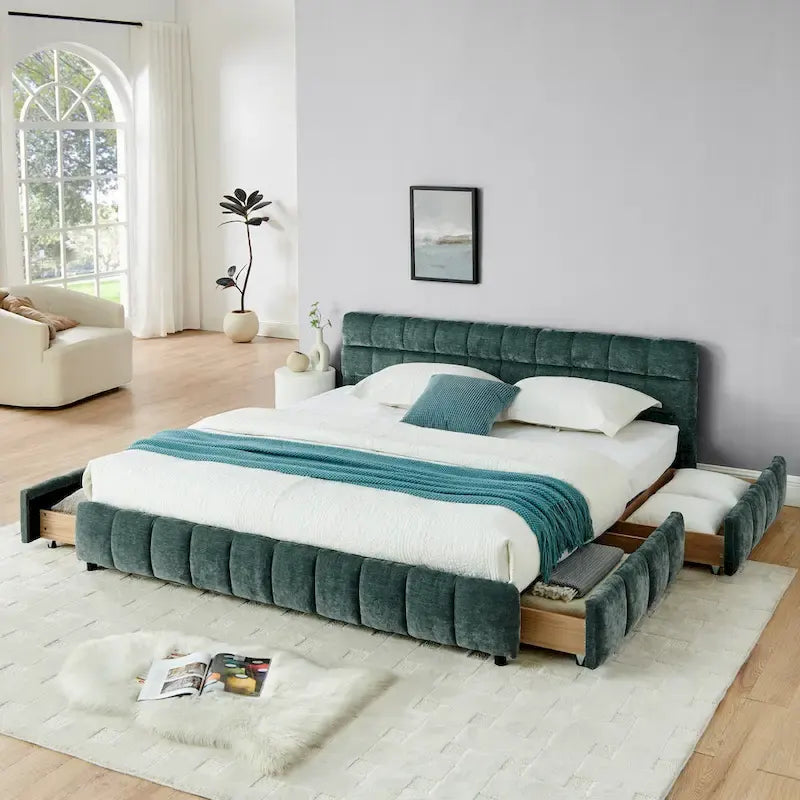 Lit plateforme capitonné King Size en chenille, cadre de lit avec tête de lit capitonnée à motif treillis et 4 tiroirs de rangement pour chambre à coucher