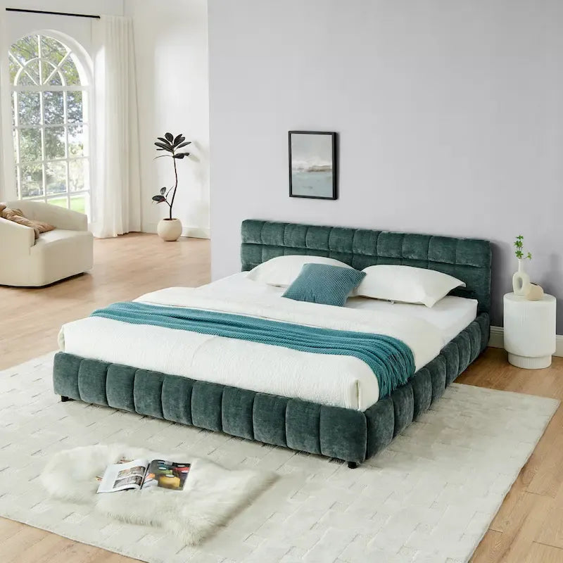 Lit plateforme capitonné King Size en chenille, cadre de lit avec tête de lit capitonnée à motif treillis et 4 tiroirs de rangement pour chambre à coucher