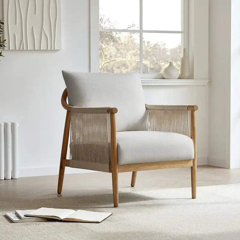 Fauteuil d'appoint avec accoudoirs en bois tressé