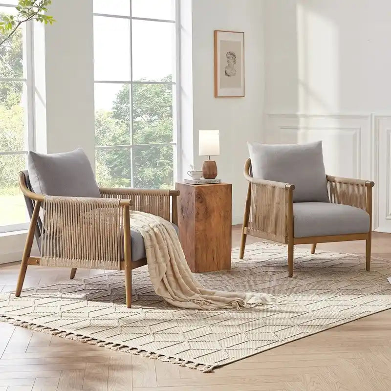 Fauteuil d'appoint avec accoudoirs en bois tressé