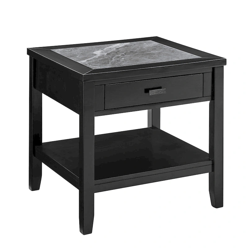 Table d'appoint carrée noire dotée d'un plateau imitation marbre, d'un tiroir et d'une étagère de rangement ouverte