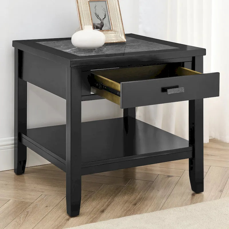 Table d'appoint carrée noire dotée d'un plateau imitation marbre, d'un tiroir et d'une étagère de rangement ouverte