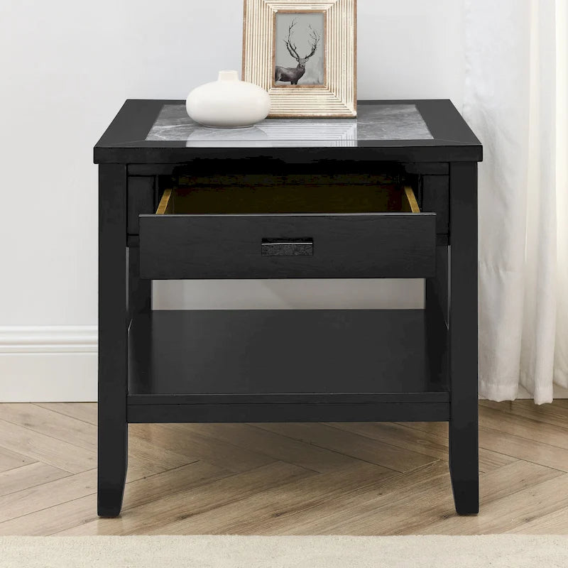 Table d'appoint carrée noire dotée d'un plateau imitation marbre, d'un tiroir et d'une étagère de rangement ouverte