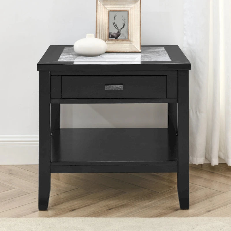 Table d'appoint carrée noire dotée d'un plateau imitation marbre, d'un tiroir et d'une étagère de rangement ouverte