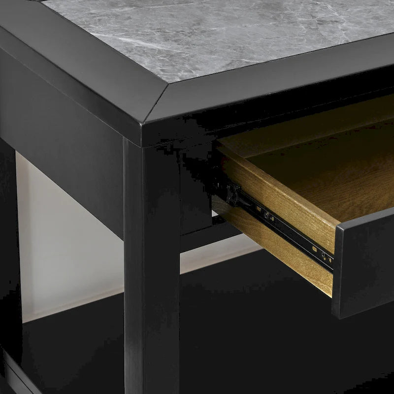 Table d'appoint carrée noire dotée d'un plateau imitation marbre, d'un tiroir et d'une étagère de rangement ouverte