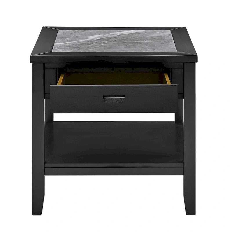 Table d'appoint carrée noire dotée d'un plateau imitation marbre, d'un tiroir et d'une étagère de rangement ouverte