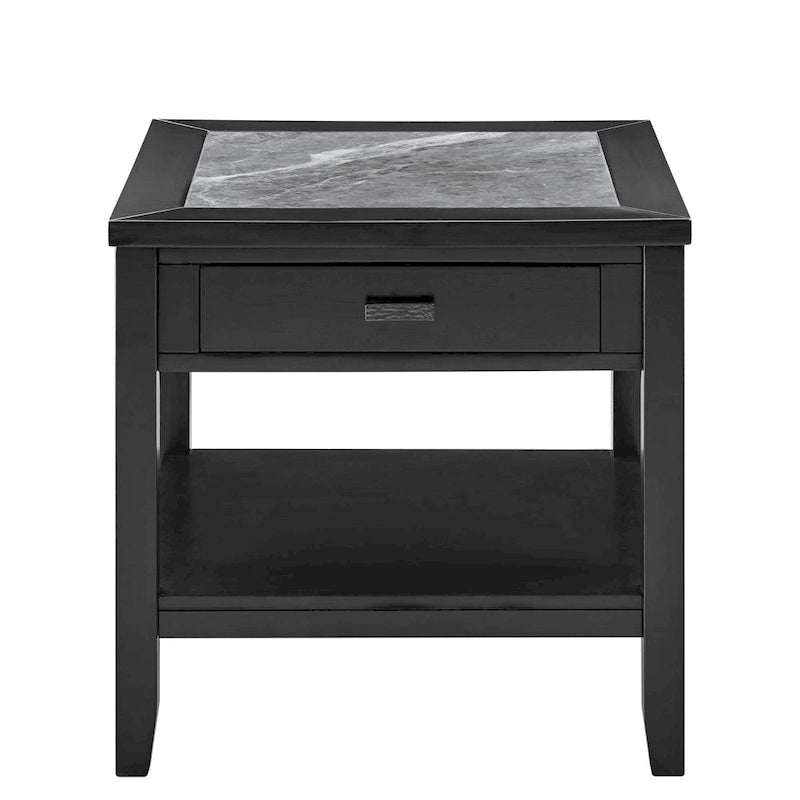 Table d'appoint carrée noire dotée d'un plateau imitation marbre, d'un tiroir et d'une étagère de rangement ouverte