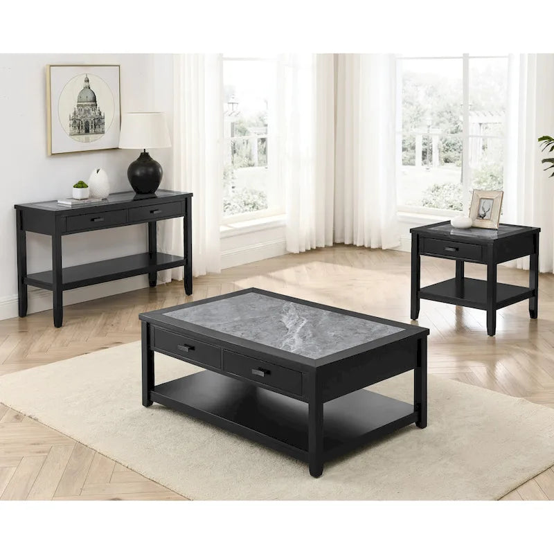Table d'appoint carrée noire dotée d'un plateau imitation marbre, d'un tiroir et d'une étagère de rangement ouverte