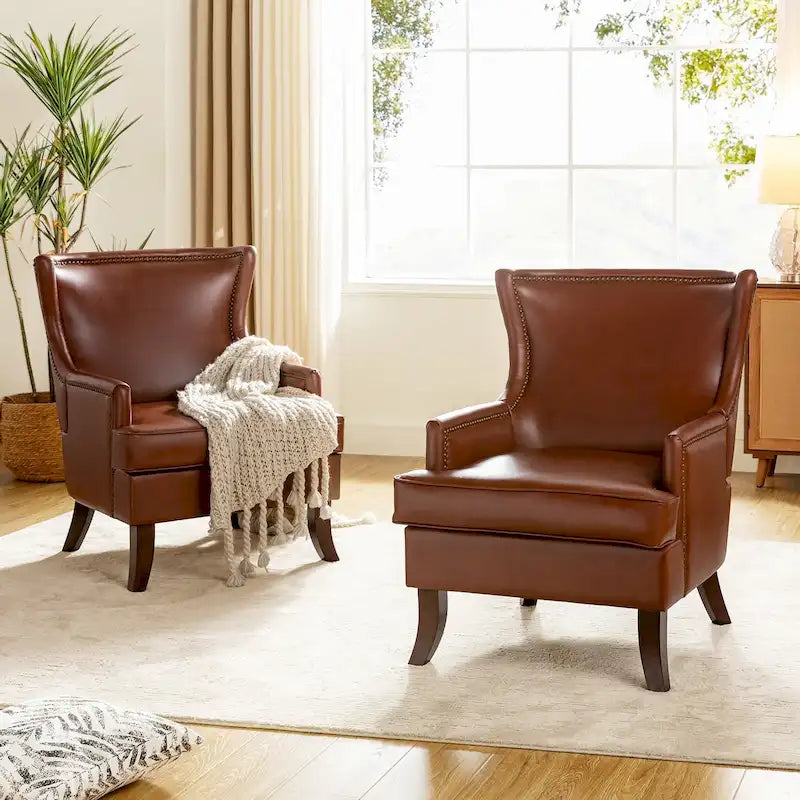 Fauteuil à oreilles ergonomique en cuir végan, style moderniste du milieu du siècle (ensemble de 2)