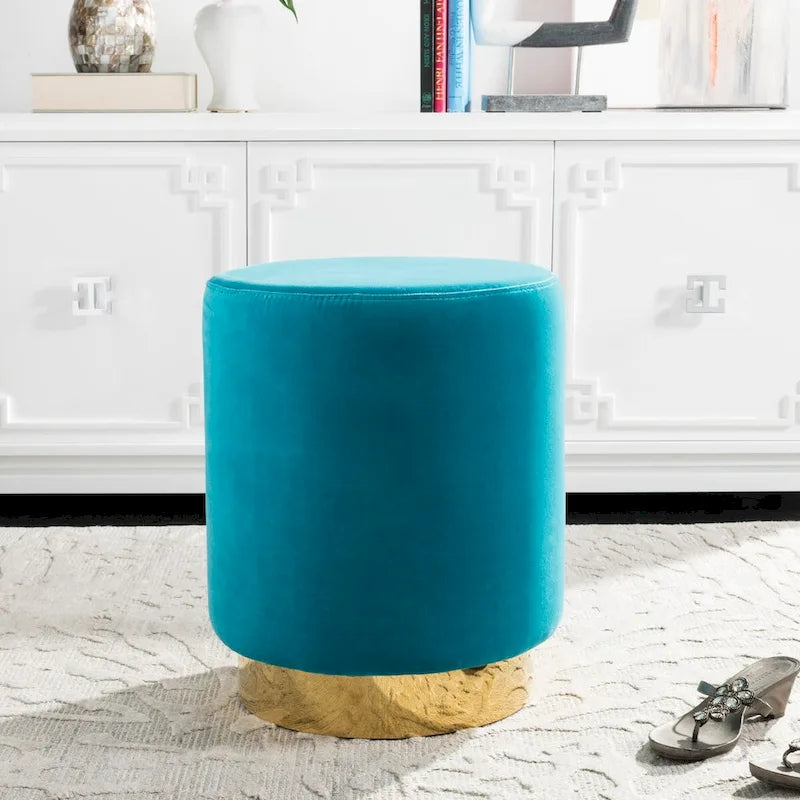 Pouf en velours avec base en laiton - Marine / Laiton